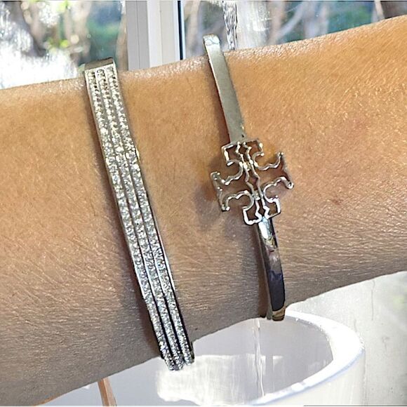 TORY BURCH LOGO DOUBLE T OPEN CUFF SILVER BRACELET - Picture 1 of 3